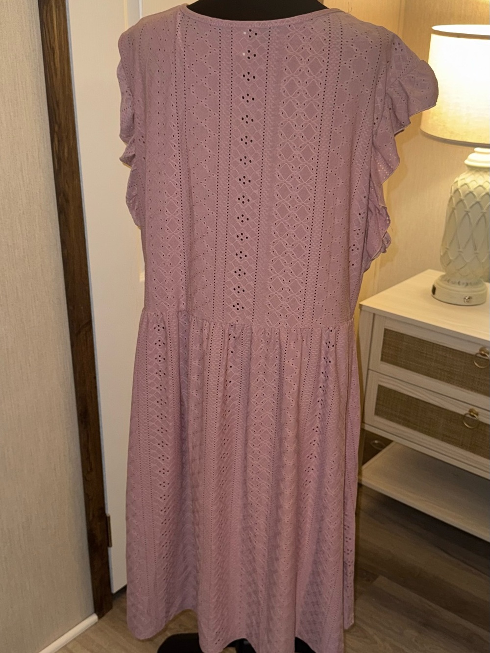 Crisscross V-Neck Dusty Rose Eyelet Mini Dress - Picture 3 of 4